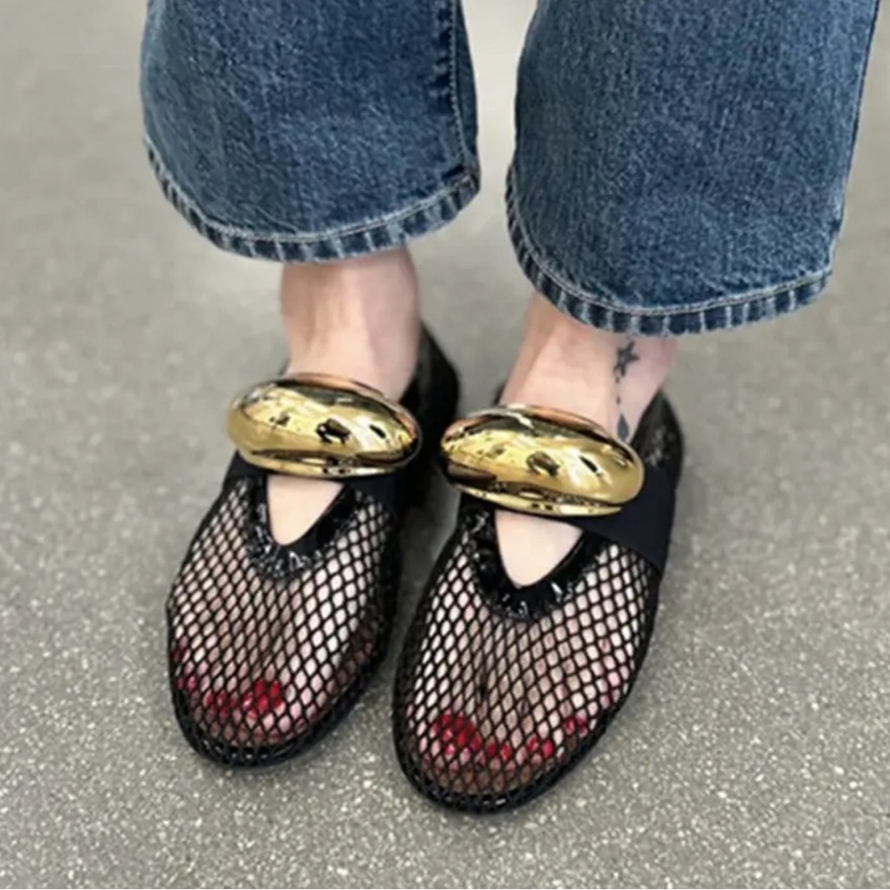 Mesh gold bar sandals